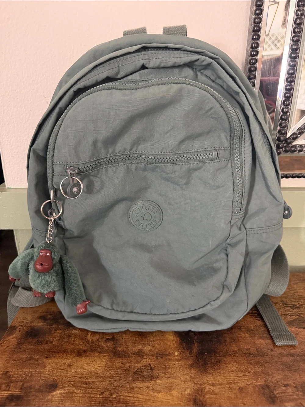 Kipling Small Backpack in Slate Green with Monkey Keychain